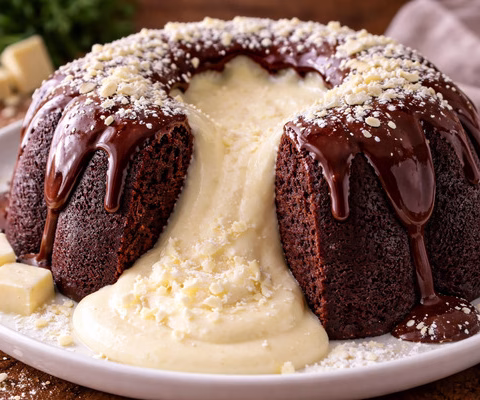 bolo vulcão de chocolate com mousse de leite ninho - Imagem via chatgpt