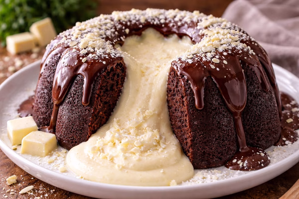 bolo vulcão de chocolate com mousse de leite ninho - Imagem via chatgpt